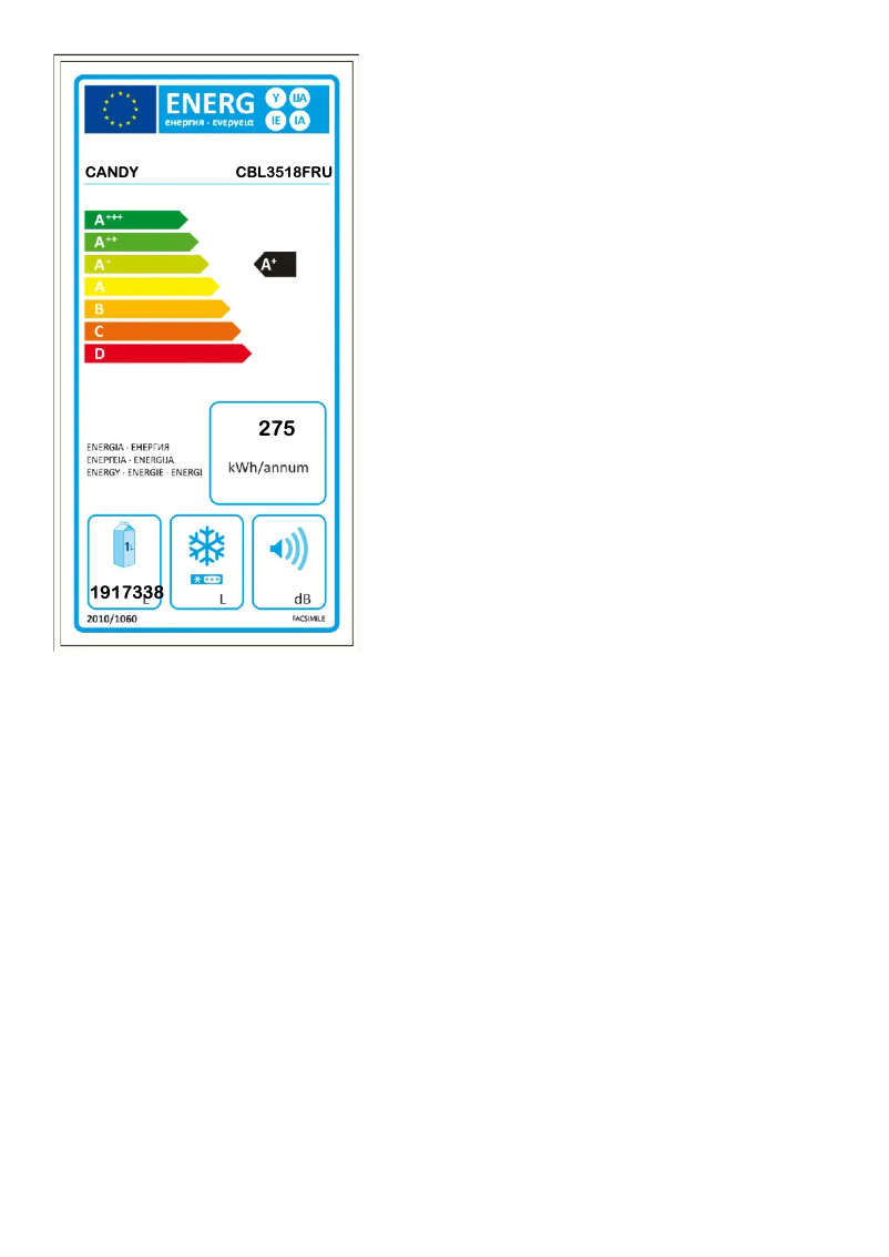 Page n°1 - Label énergétique Candy CBL3518FRU