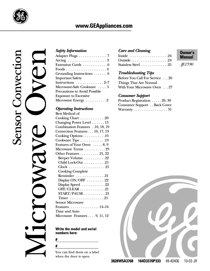 Page 1 de la notice Manuel utilisateur GE JE1590