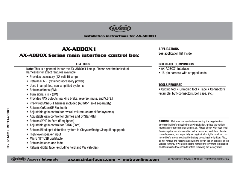 Page n°1 - Manuel utilisateur Metra AX-ADBOX1