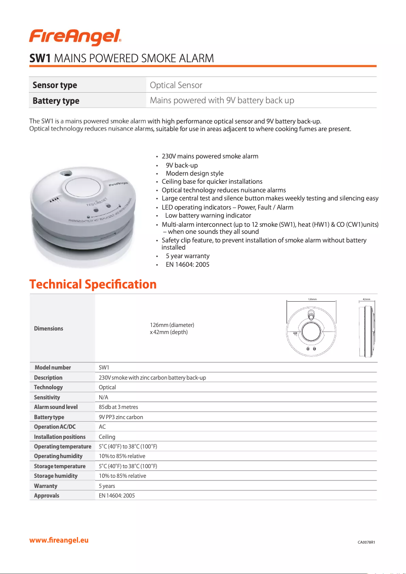 Page 1 de la notice Fiche technique FireAngel SW1-R