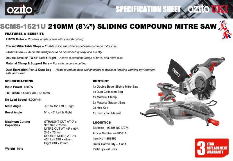 Page 1 de la notice Fiche technique Ozito SCMS-2125U