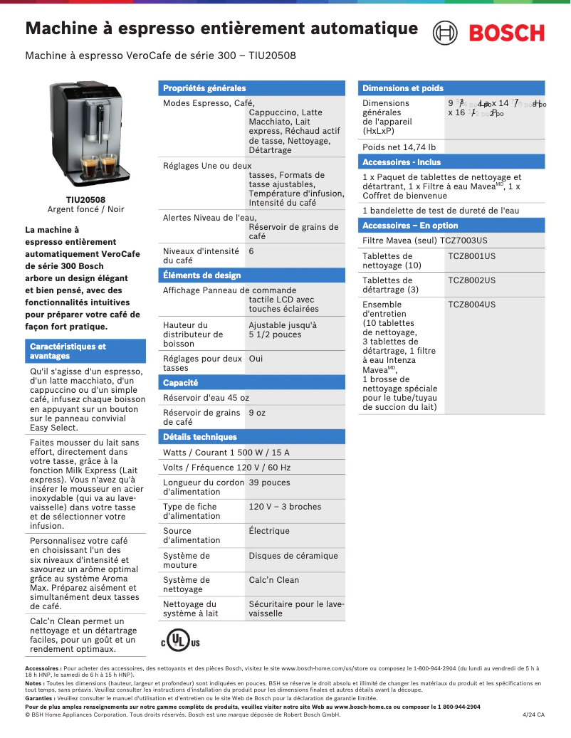Page 1 de la notice Fiche technique Bosch TIU20508
