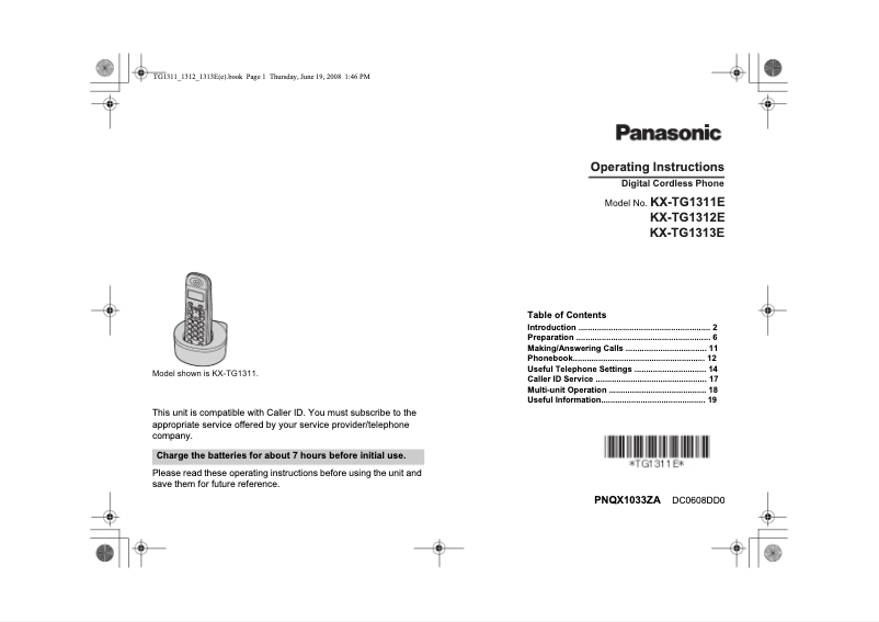 Page 1 de la notice Manuel utilisateur Panasonic KX-TG1312E