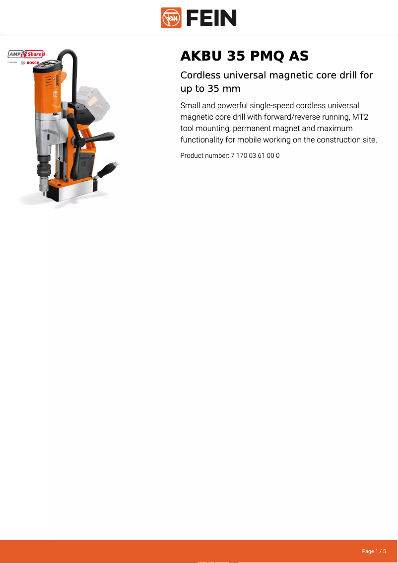 Page 1 de la notice Fiche technique Fein AKBU 35 PMQ AS