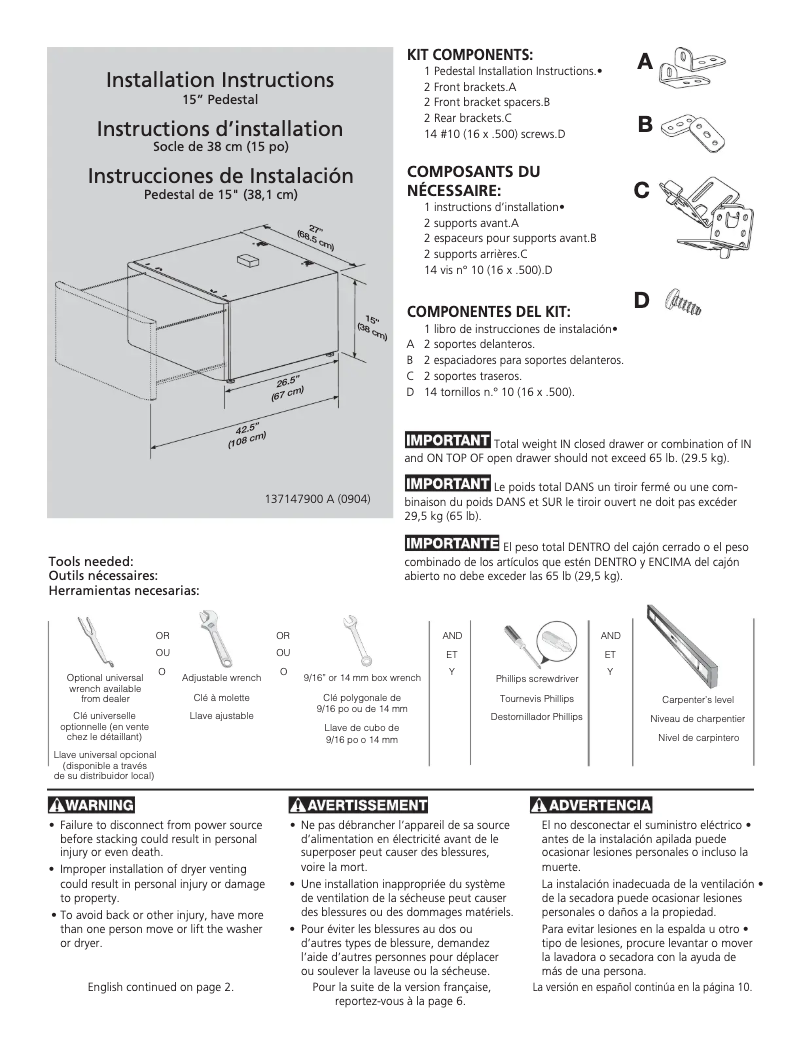 Page 1 de la notice Manuel utilisateur Frigidaire APWD15W