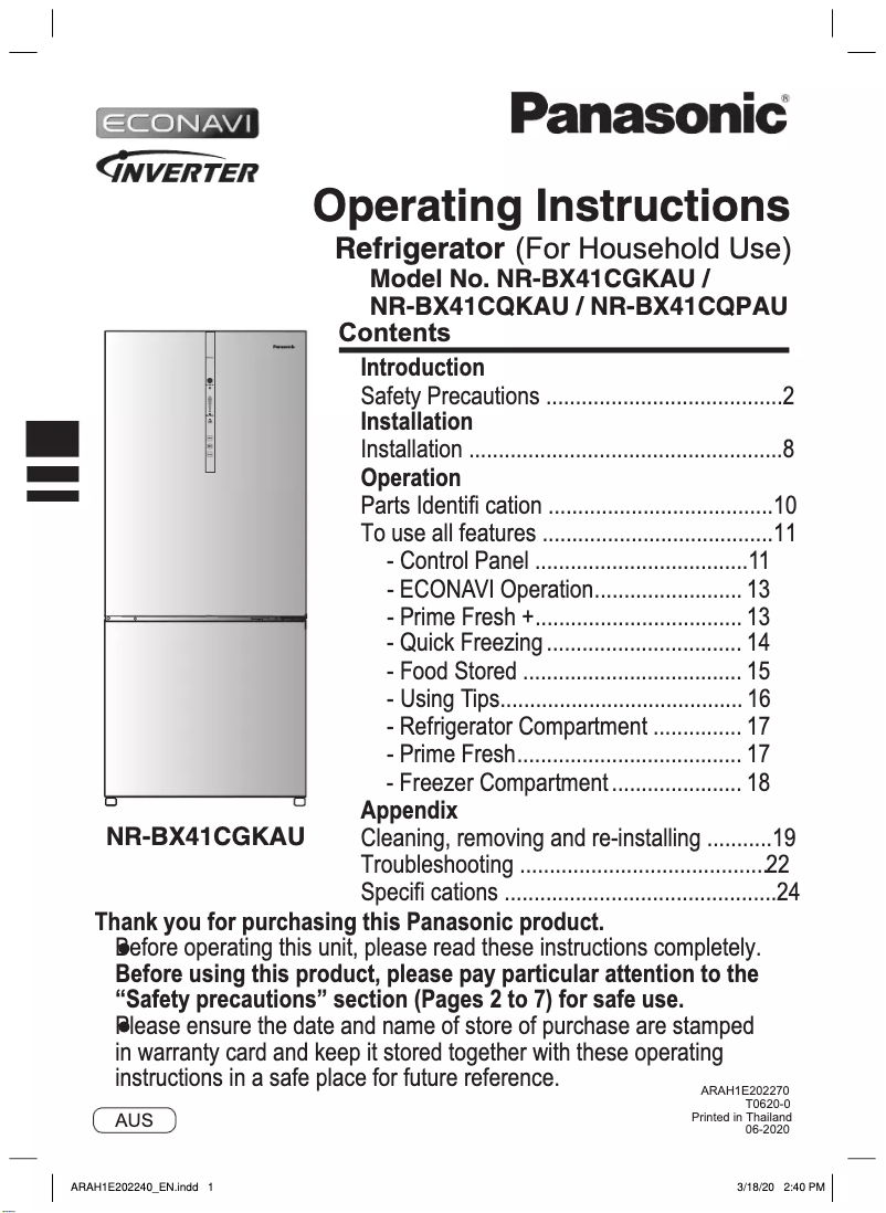 Page 1 de la notice Manuel utilisateur Panasonic NR-BX41CQKAU
