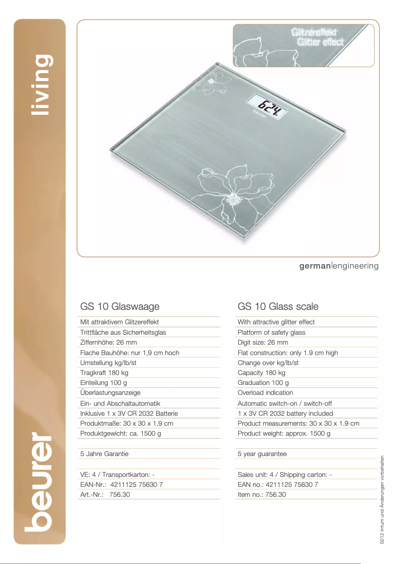 Page 1 de la notice Fiche technique Beurer GS 10