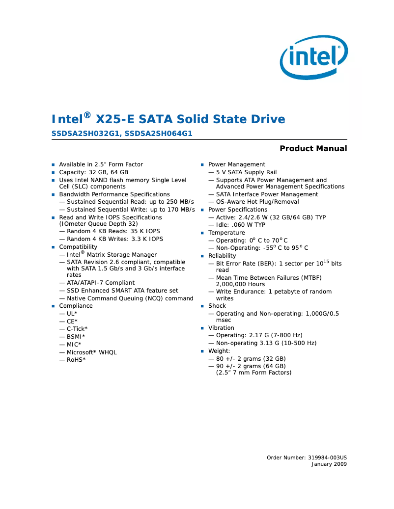 Page n°1 - Manuel utilisateur Intel X25-M SATA II