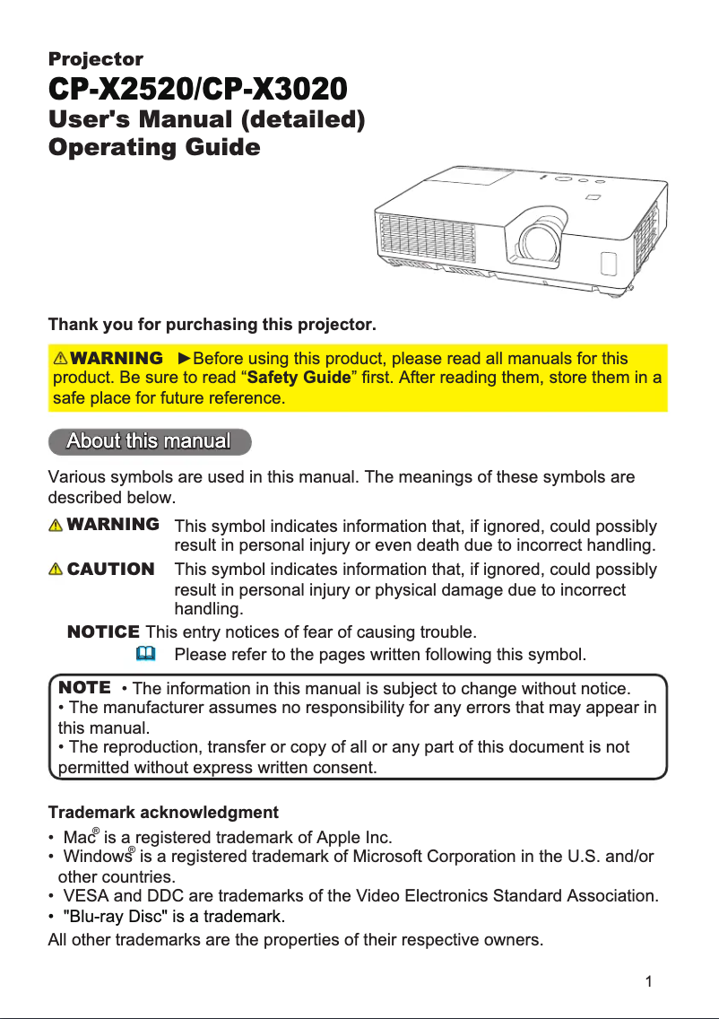 Image de la première page du manuel de l'appareil CP-X2520