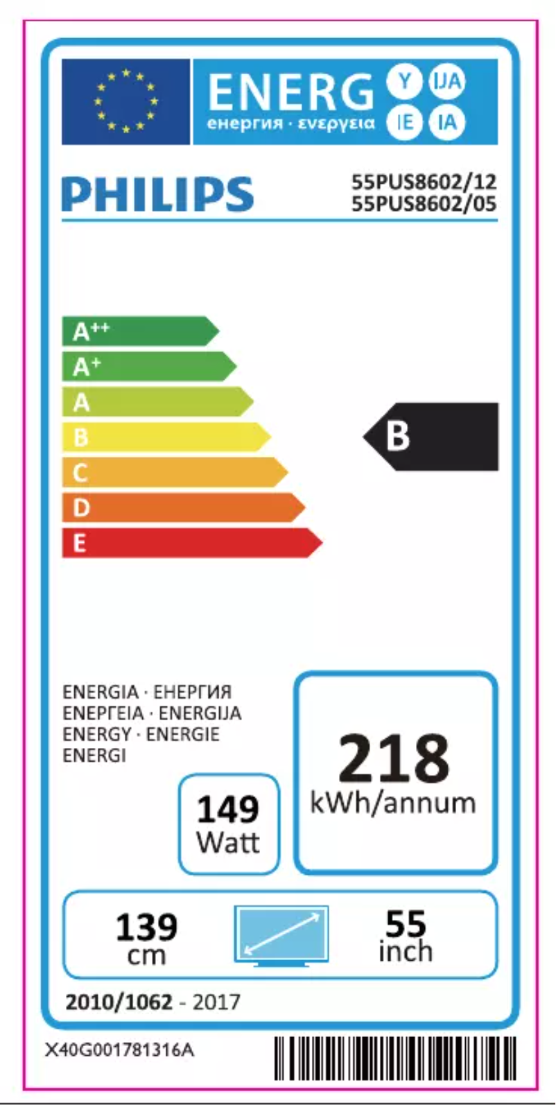Page 1 de la notice Label énergétique Philips 55PUS8602