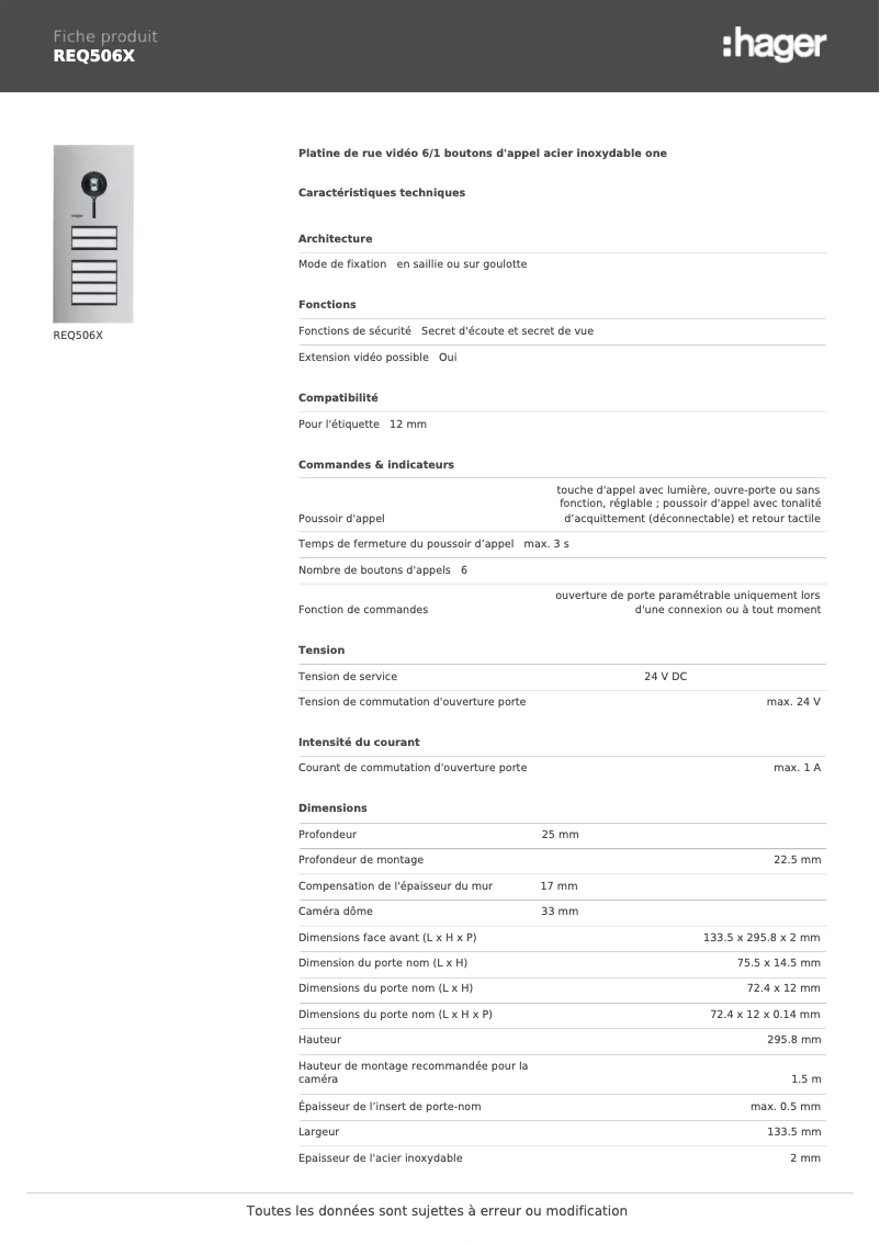 Page 1 de la notice Fiche technique Hager REQ506X