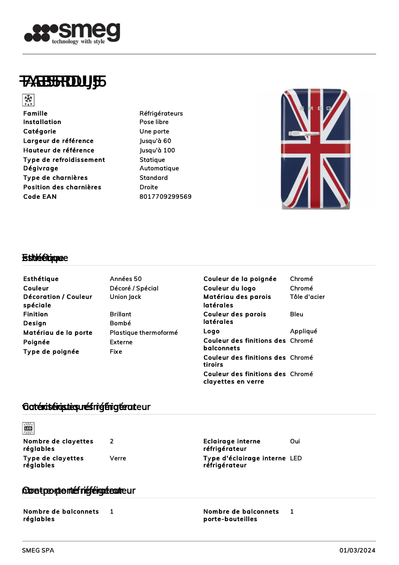 Page 1 de la notice Fiche technique Smeg FAB5RDUJ5