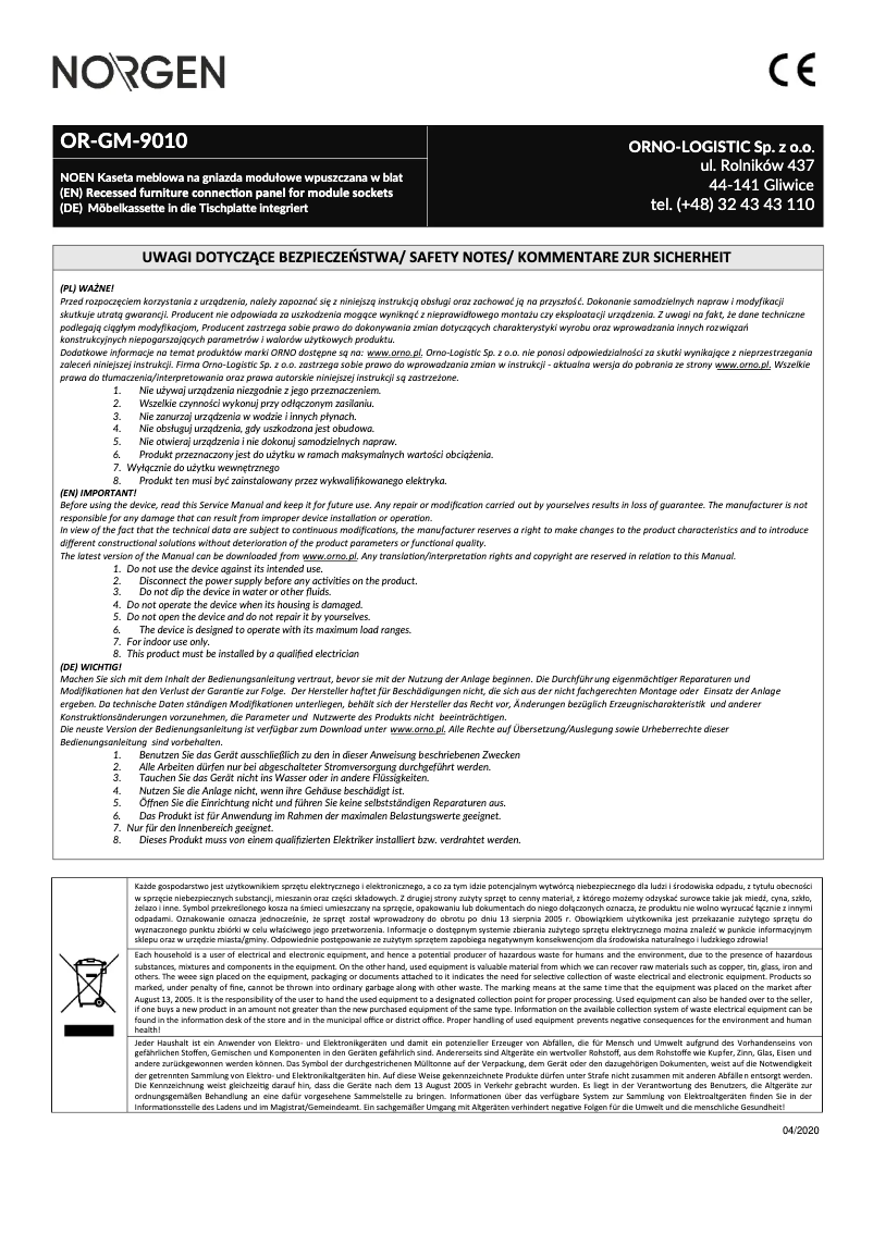 Page 1 de la notice Manuel utilisateur ORNO OR-GM-9010