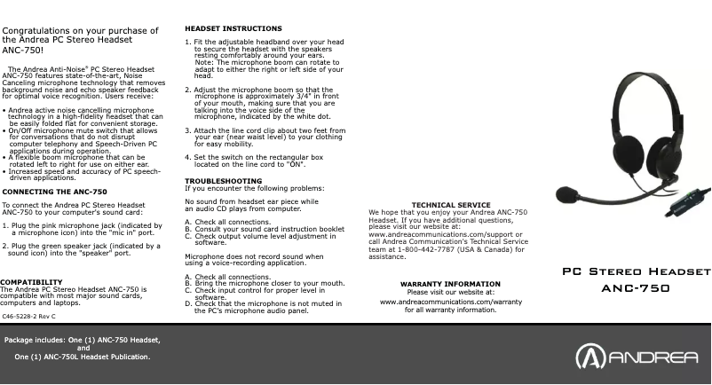 Image de la première page du manuel de l'appareil ANC-750