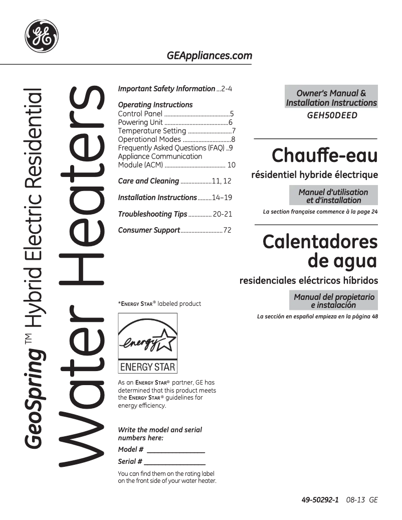 Página 1 del manual Manual de uso y mantenimiento GE GeoSpring H50DEEDSR