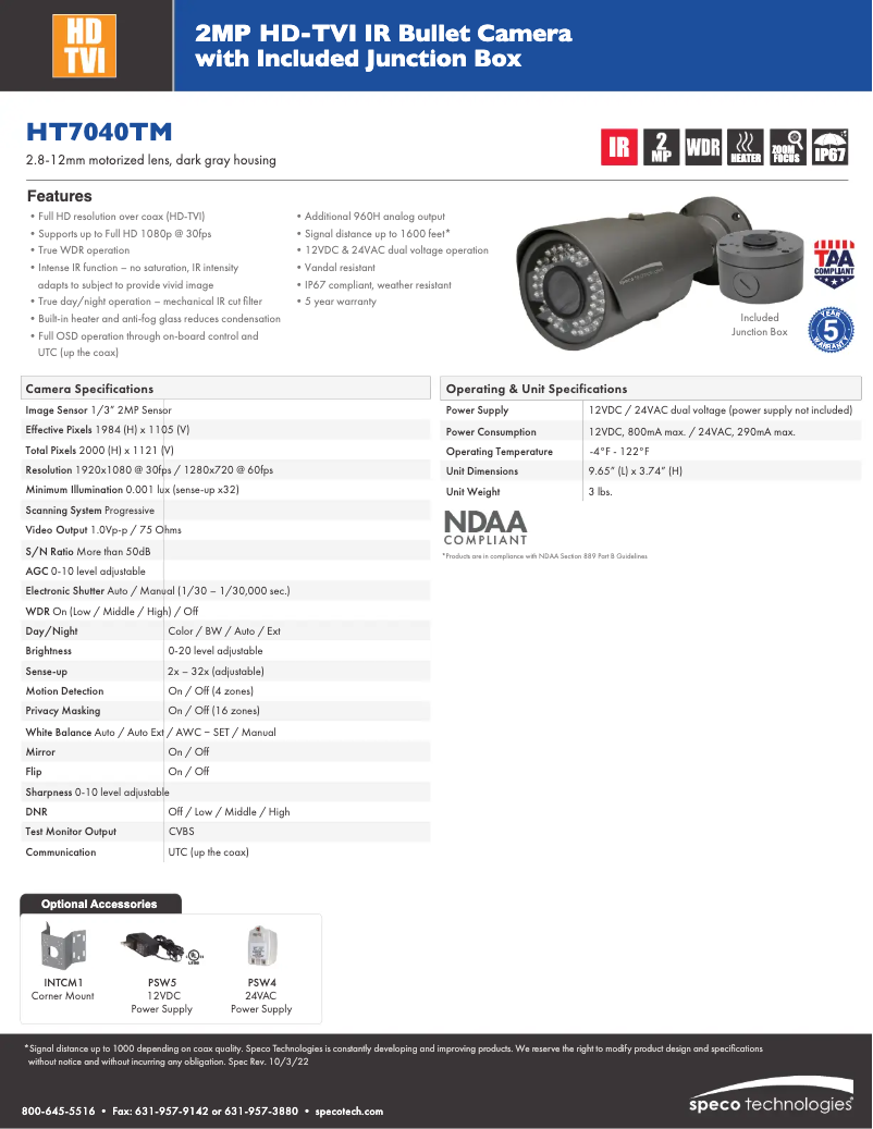 Page 1 de la notice Fiche technique Speco Technologies HT7040TM
