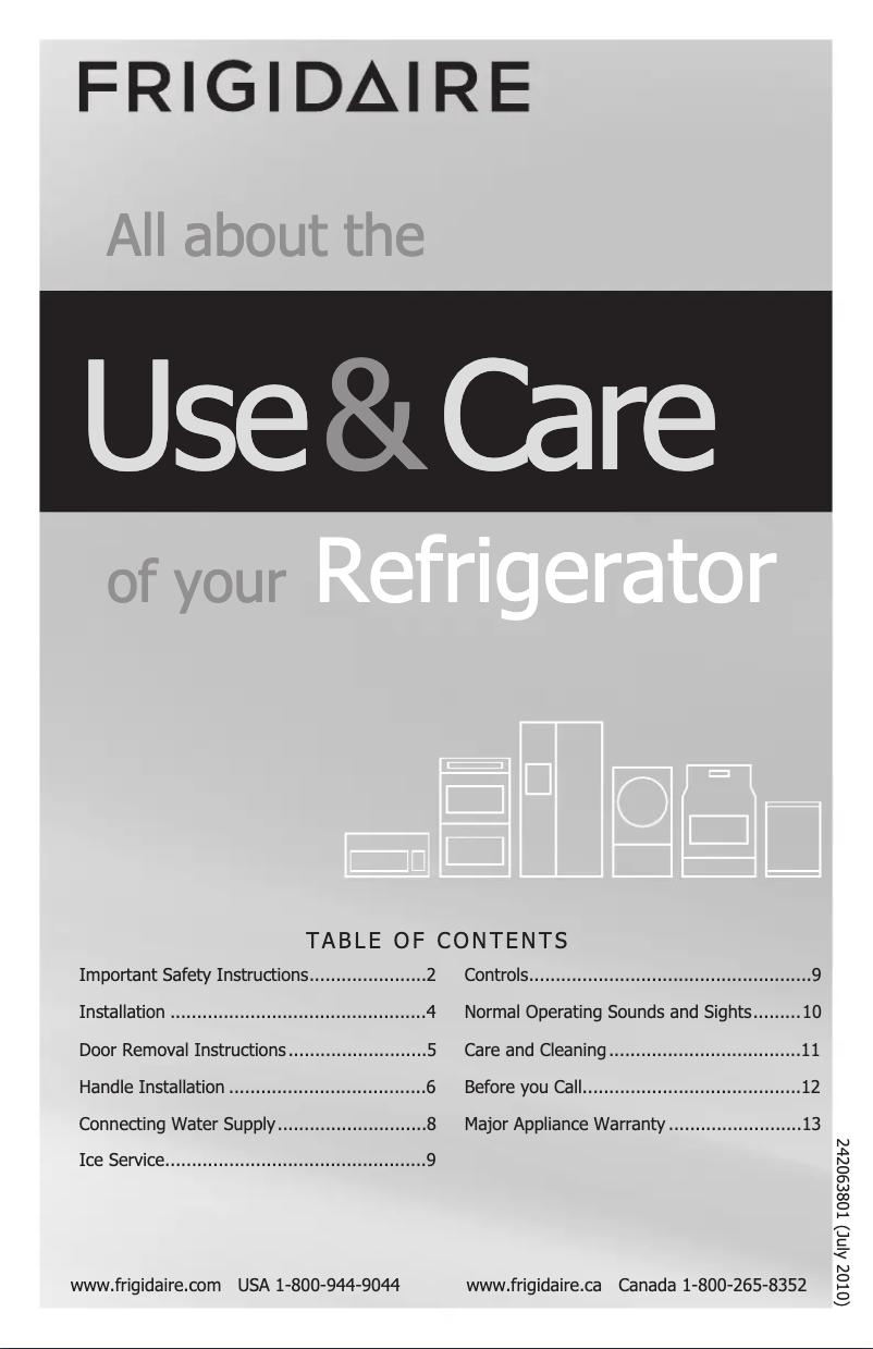 Page n°1 - Manuel d'utilisation et d'entretien Frigidaire FFHT2117PS