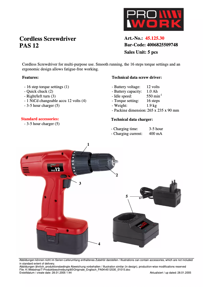 Page n°1 - Manuel utilisateur Prowork PAS 12