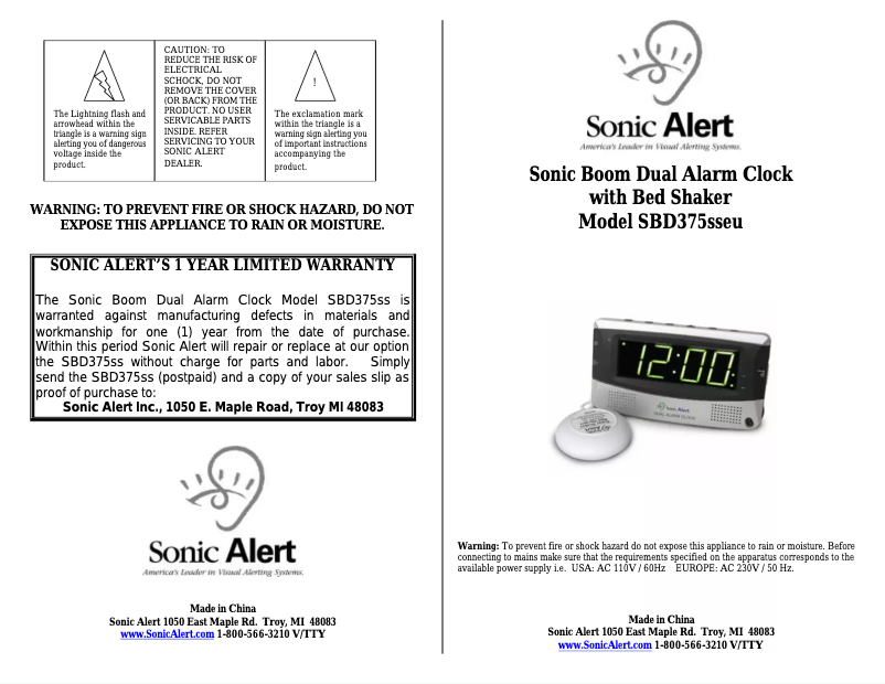 Page n°1 - Manuel utilisateur Sonic Alert SBD375sseu
