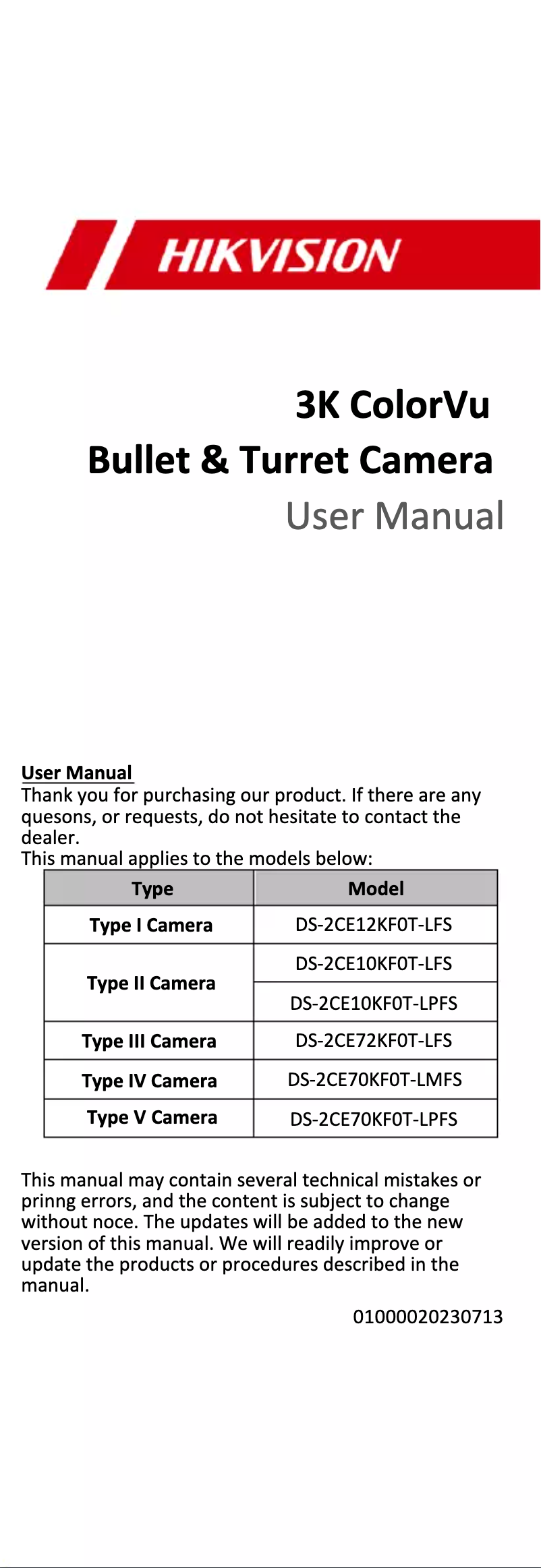 Image de la première page du manuel de l'appareil DS-2CE12KF0T-LFS