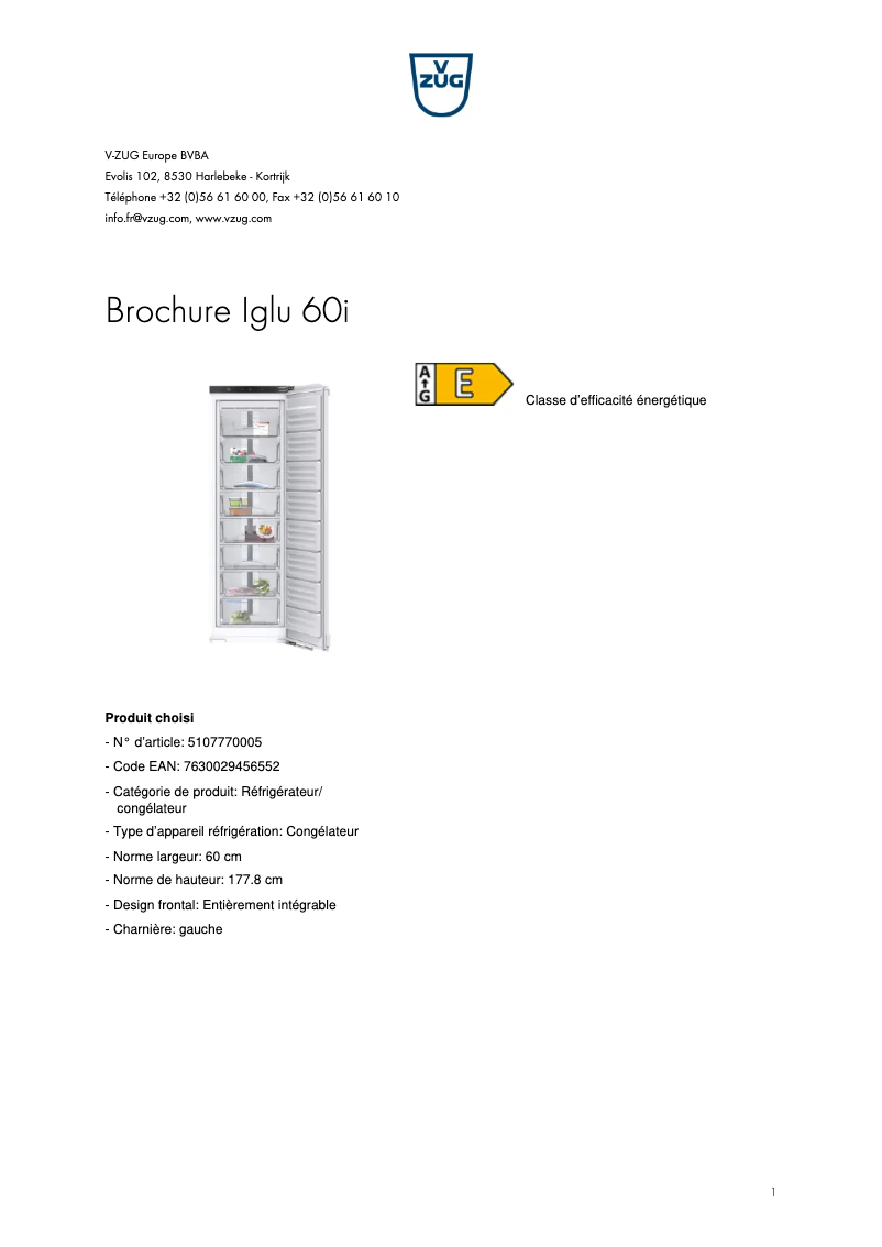 Page 1 de la notice Brochure V-Zug Iglu 60i