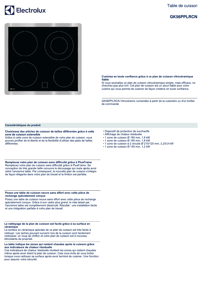 Page 1 de la notice Fiche technique Electrolux GK56PPLRCN