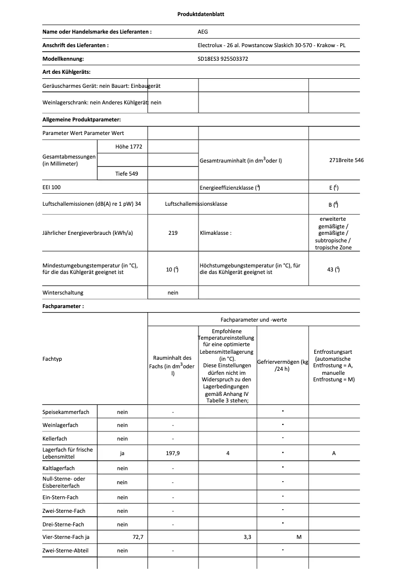 Page 1 de la notice Fiche technique AEG SD18ES3