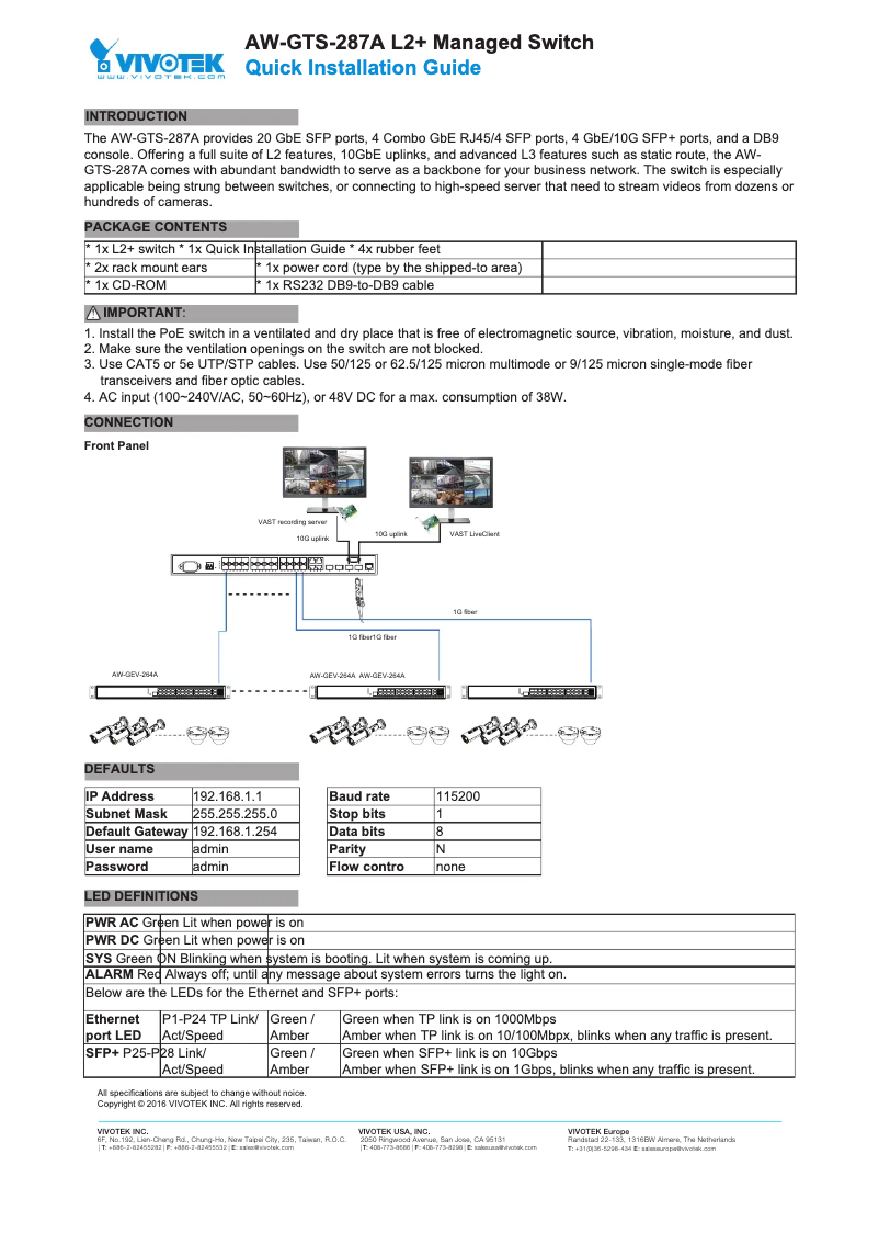 Page 1 de la notice Guide d'installation Vivotek AW-GTS-287A