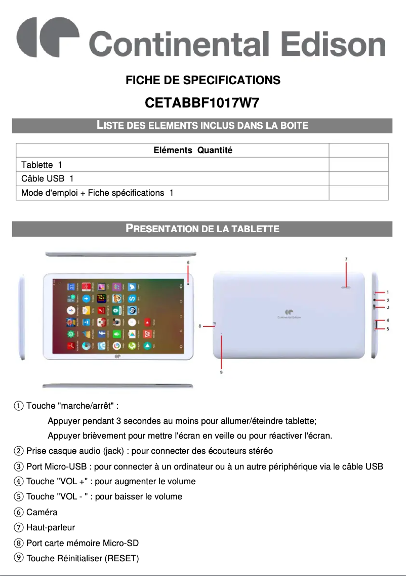 Page n°1 - Fiche technique Continental Edison CETABBF1017W7