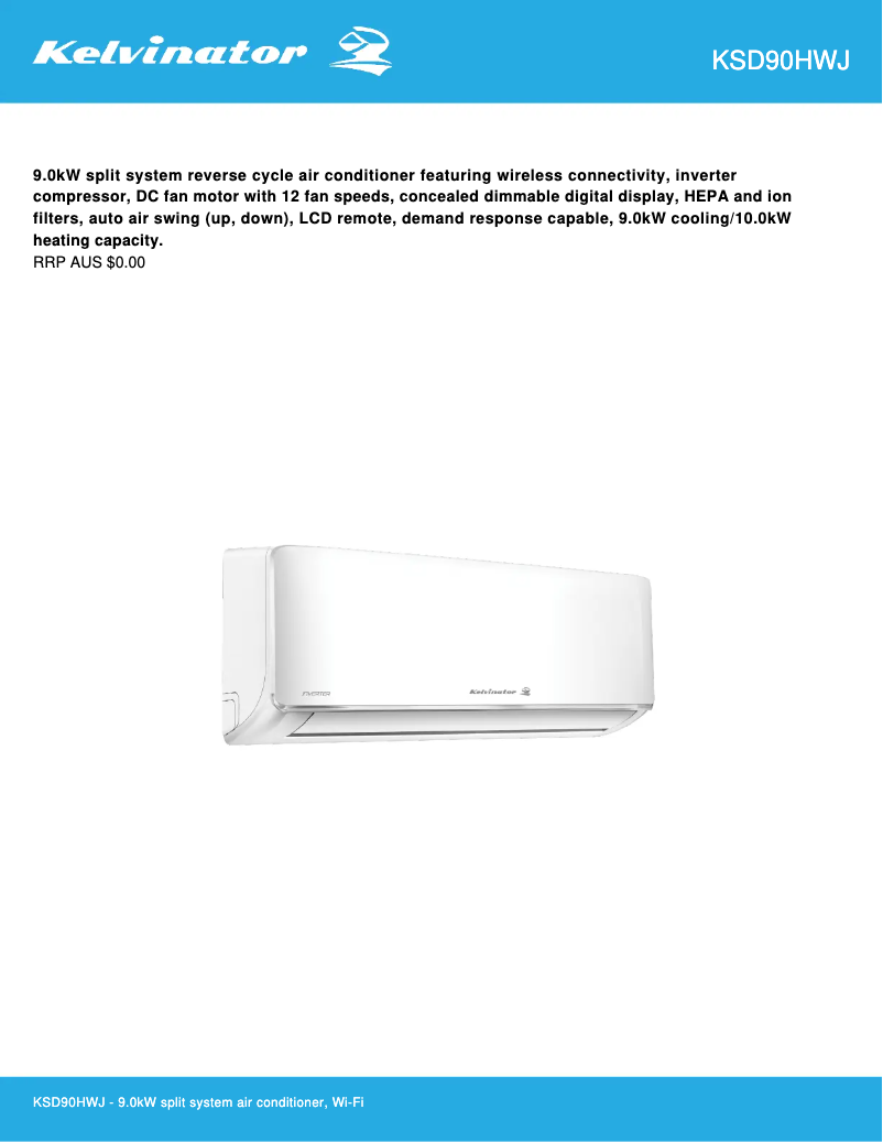 Page 1 de la notice Fiche technique Kelvinator KSD90HWJ