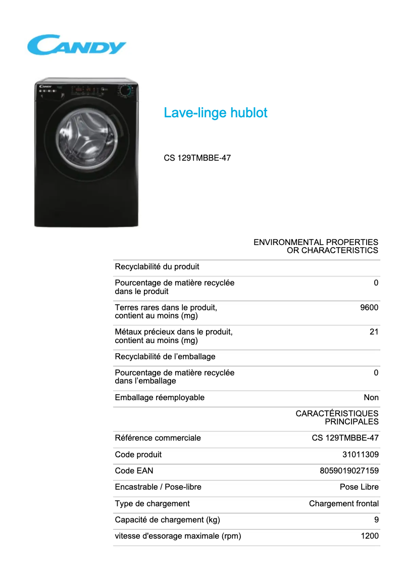 Page 1 de la notice Fiche technique Candy CS 129TMBBE-47