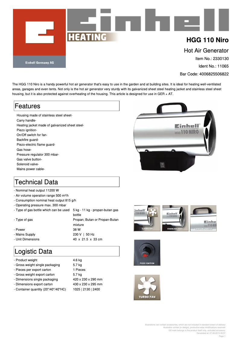 Image de la première page du manuel de l'appareil HGG 110 Niro