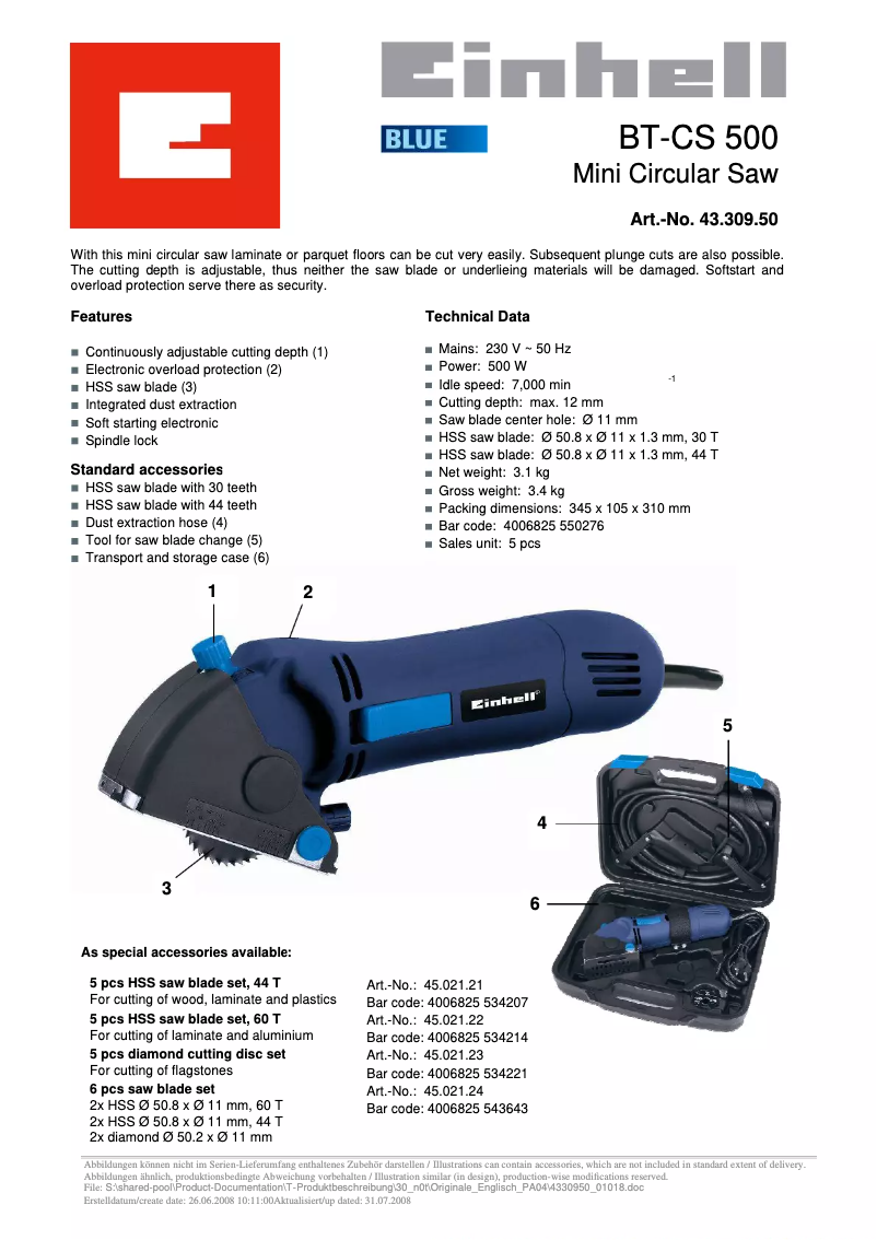 Page n°1 - Manuel utilisateur Einhell BT-CS 500