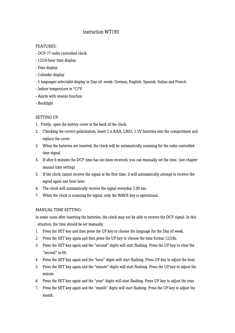 Image de la première page du manuel de l'appareil WT 193