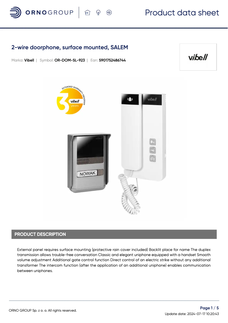 Página 1 del manual Ficha técnica ORNO OR-DOM-SL-923