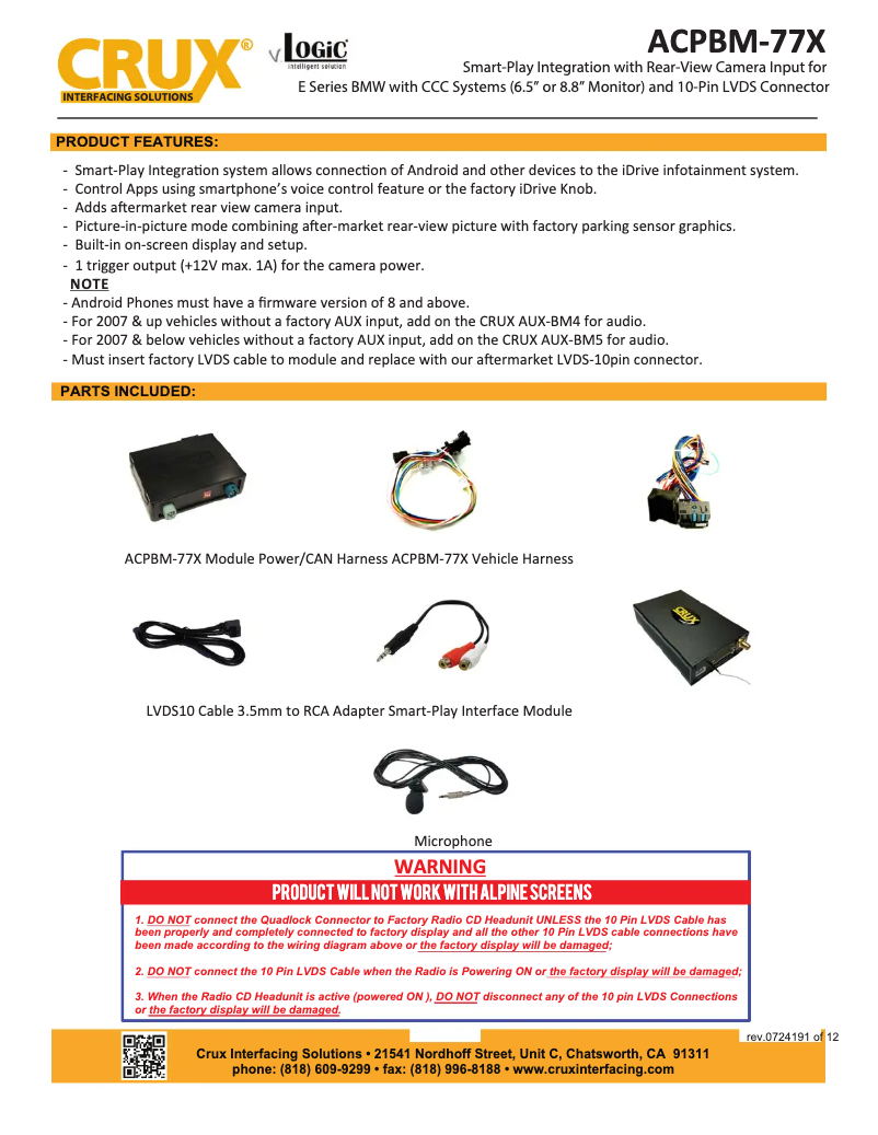 Page 1 de la notice Manuel utilisateur CRUX ACPBM-77X