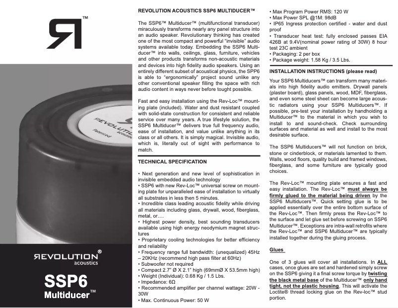 Page n°1 - Manuel utilisateur Revolution Acoustics Multiducer SSP6