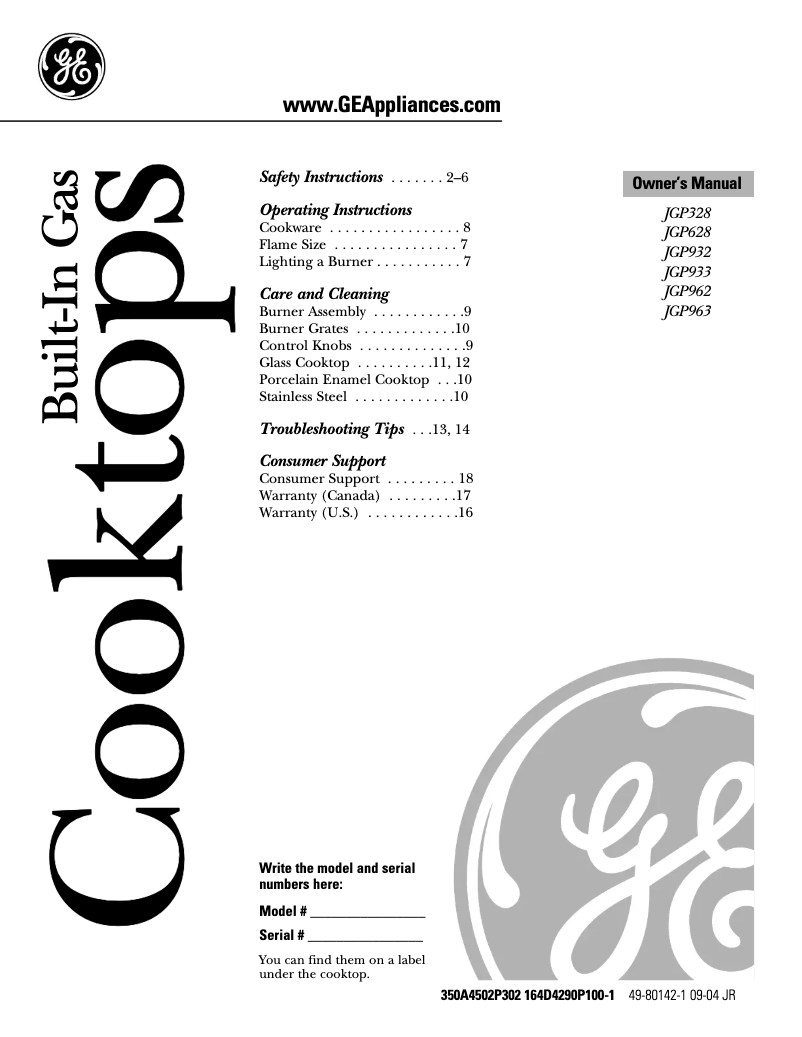 Page 1 of the manual Use and Maintenance Manual GE JGP932BECBB