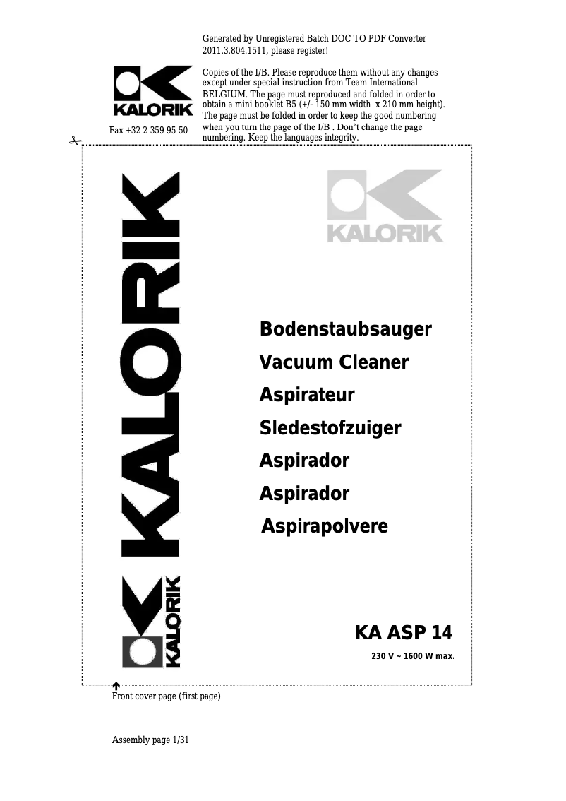 Image de la première page du manuel de l'appareil KA ASP 14