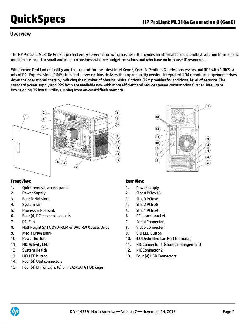 Page n°1 - Manuel utilisateur HP ProLiant ML310e