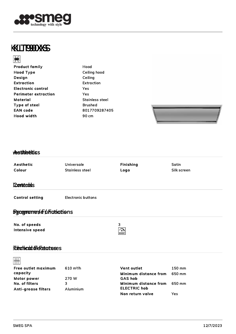 Page 1 de la notice Fiche technique Smeg KLT90XS