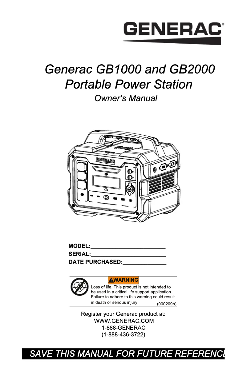 Page n°1 - Manuel utilisateur Generac GB1000
