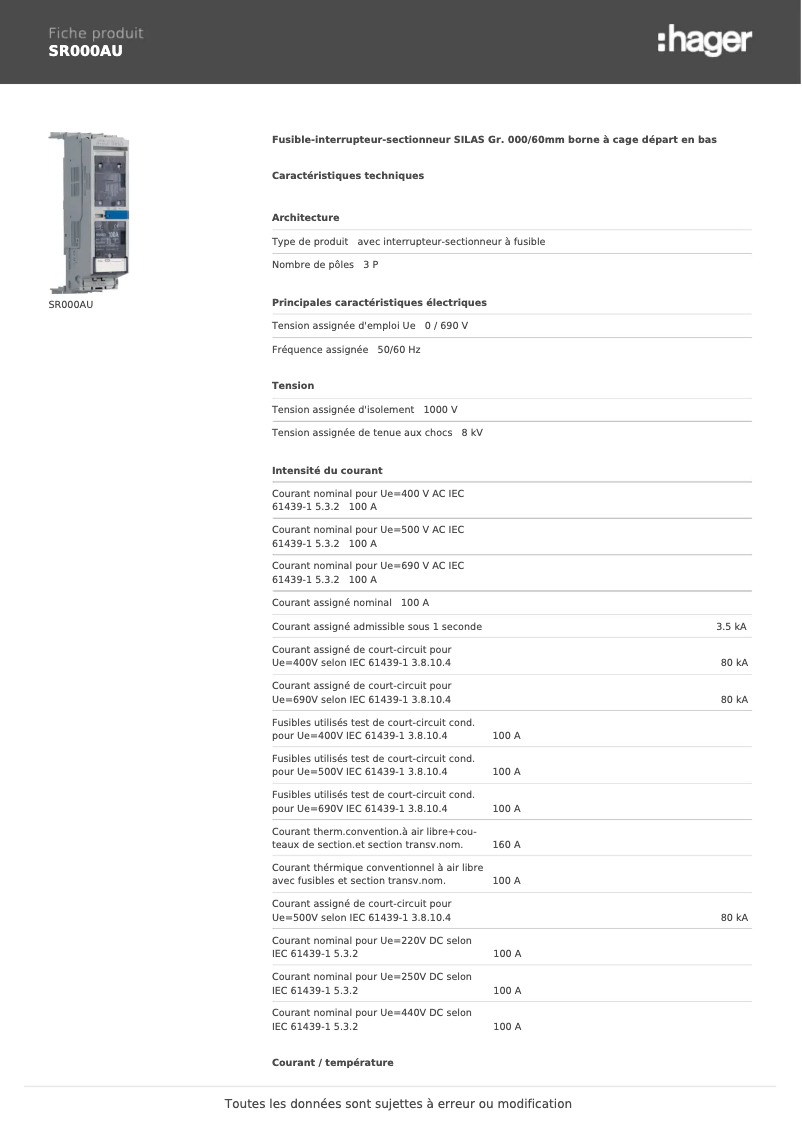 Page 1 de la notice Fiche technique Hager SR000AU