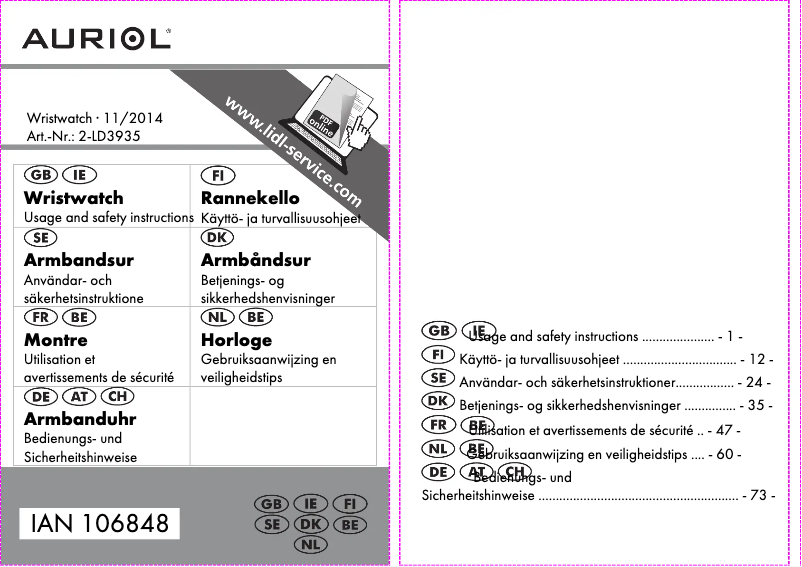 Page 1 de la notice Manuel utilisateur Auriol IAN 106848