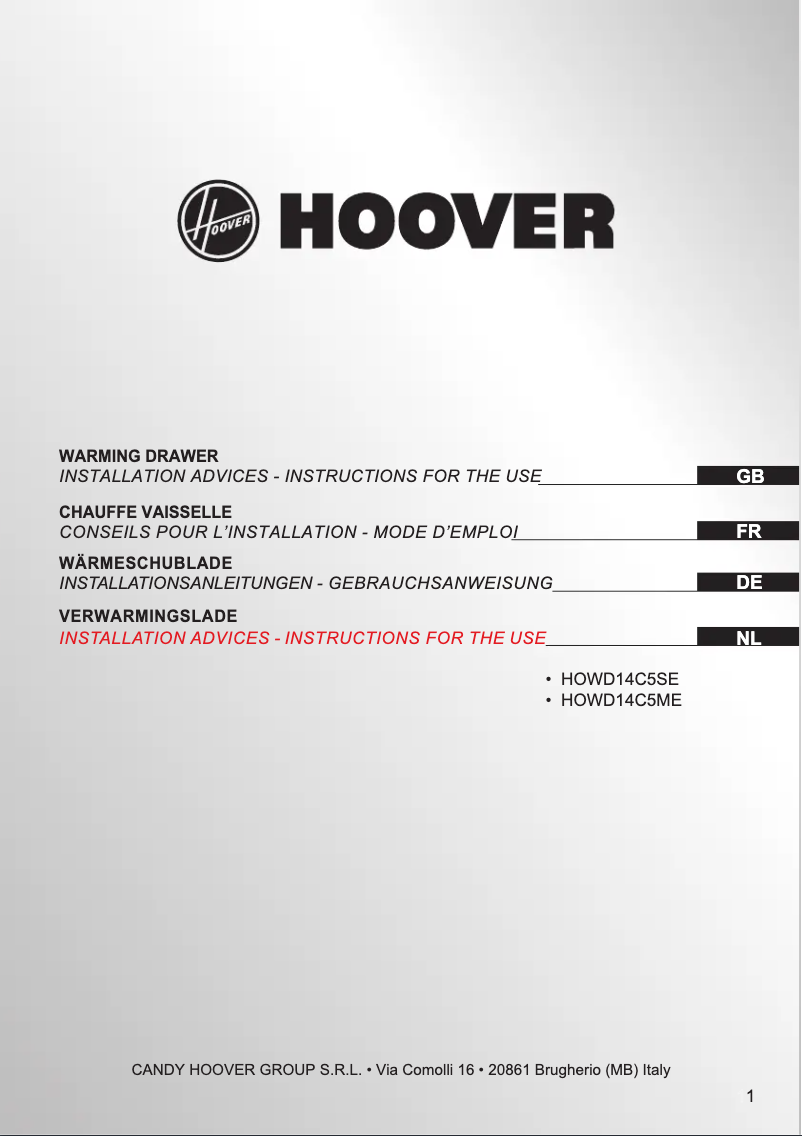 Page 1 of the manual User Manual Hoover HOWD14C5SE