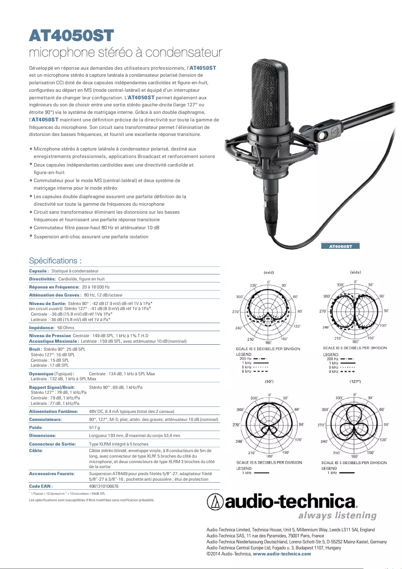 Page n°1 - Fiche technique Audio-Technica AT4050ST