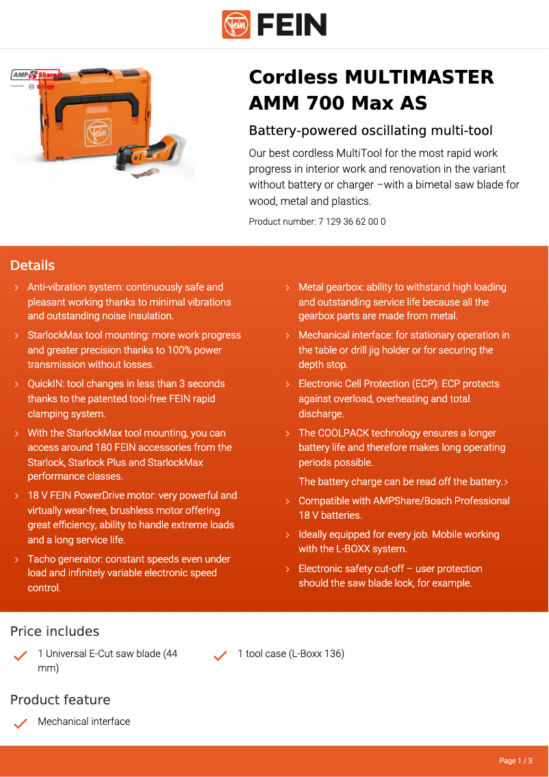 Página 1 del manual Ficha técnica Fein Multimaster MM 700 Max