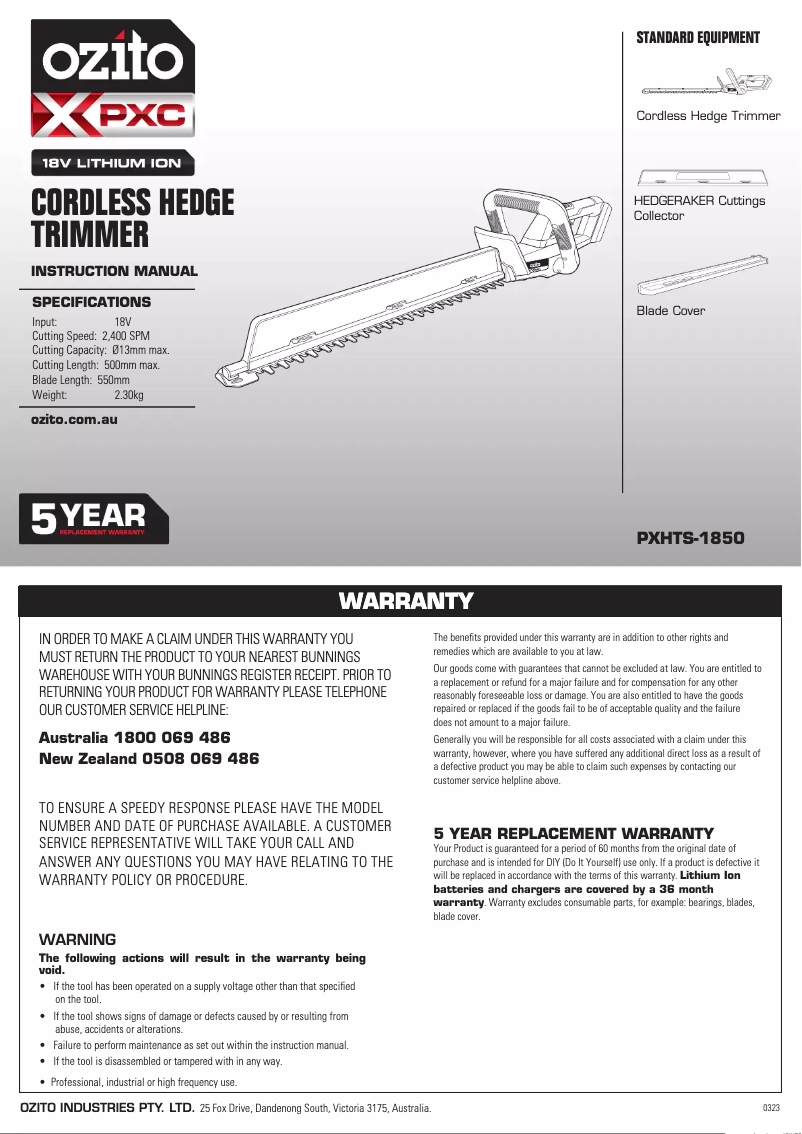 Página 1 del manual Manual de usuario Ozito PXHTS-1850