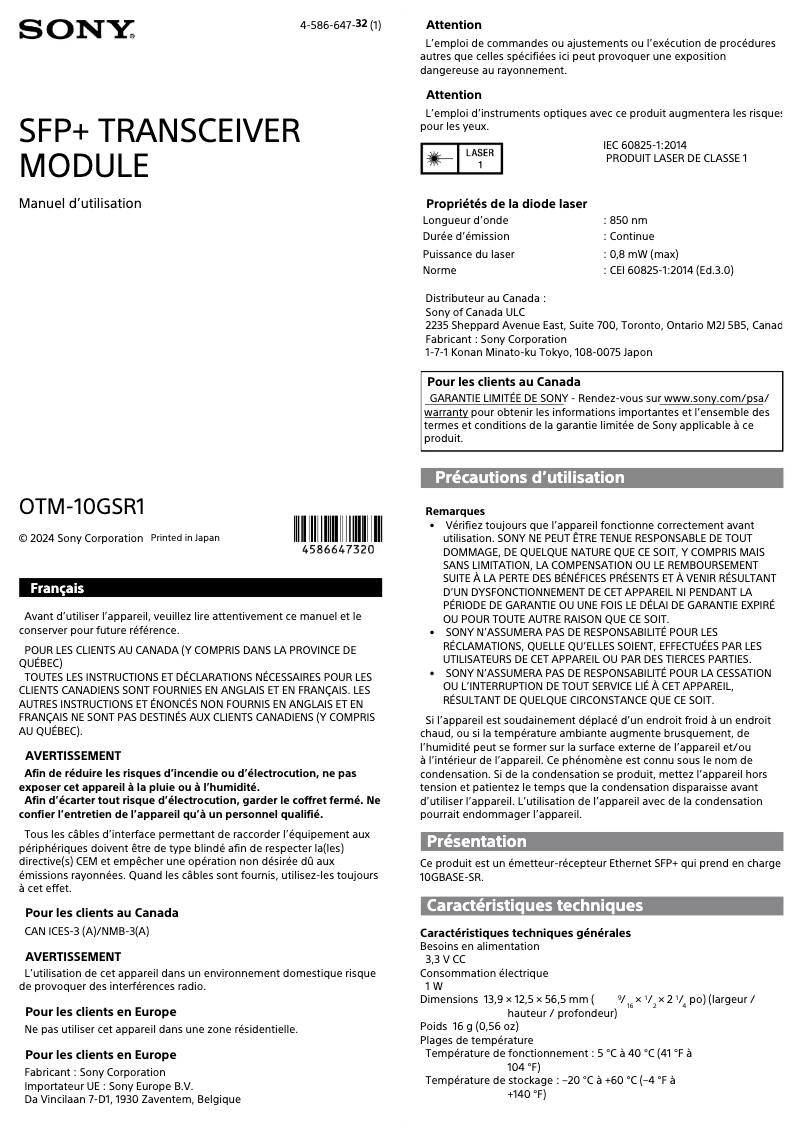 Página 1 del manual Manual de usuario Sony OTM-10GSR1