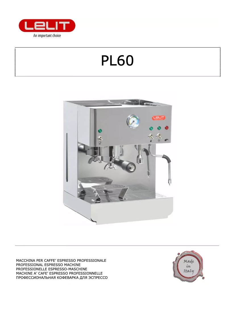 Page n°1 - Manuel utilisateur Lelit Diana PL60